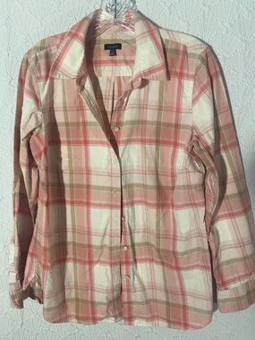 Talbots Cream, Pink & Tan Plaid Shirt 100% cotton. Cabincore Western campfire
